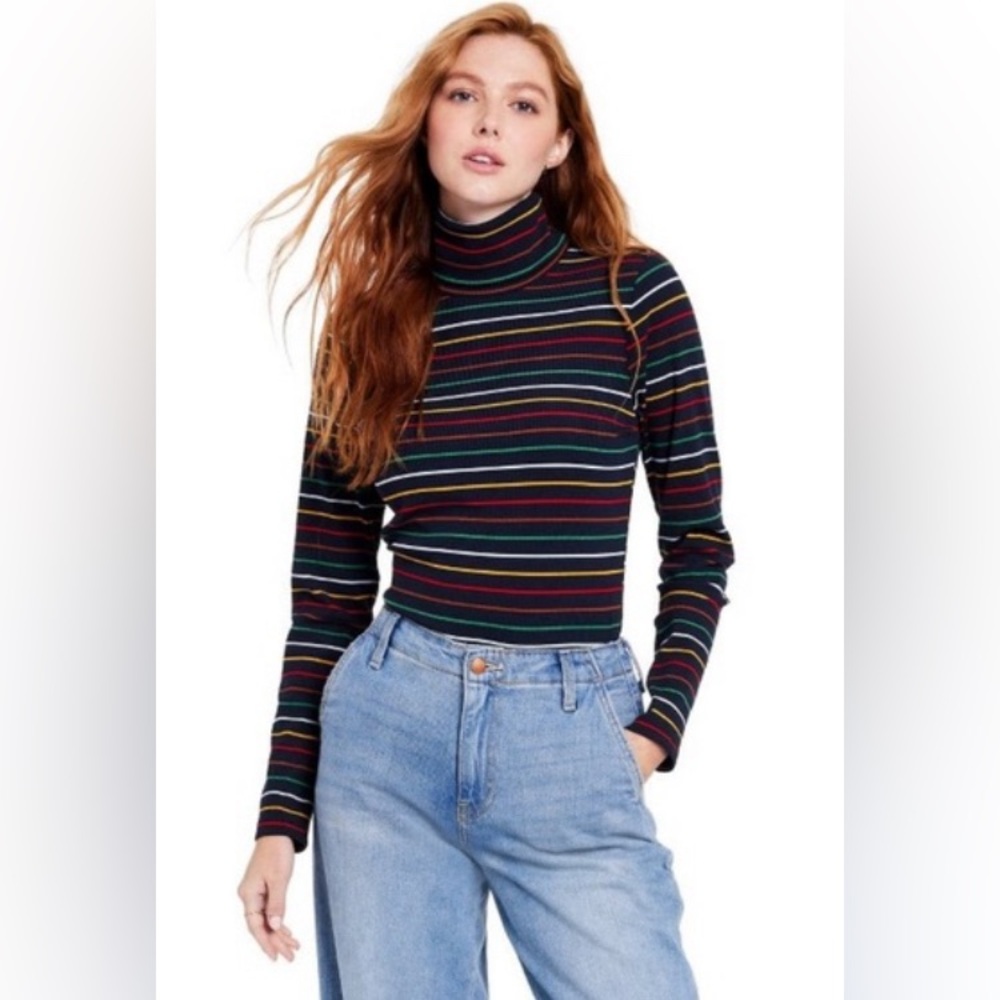 (NWOT) La Ligne Navy Blue / Multicolored Striped Ribbed Turtleneck, Size Large